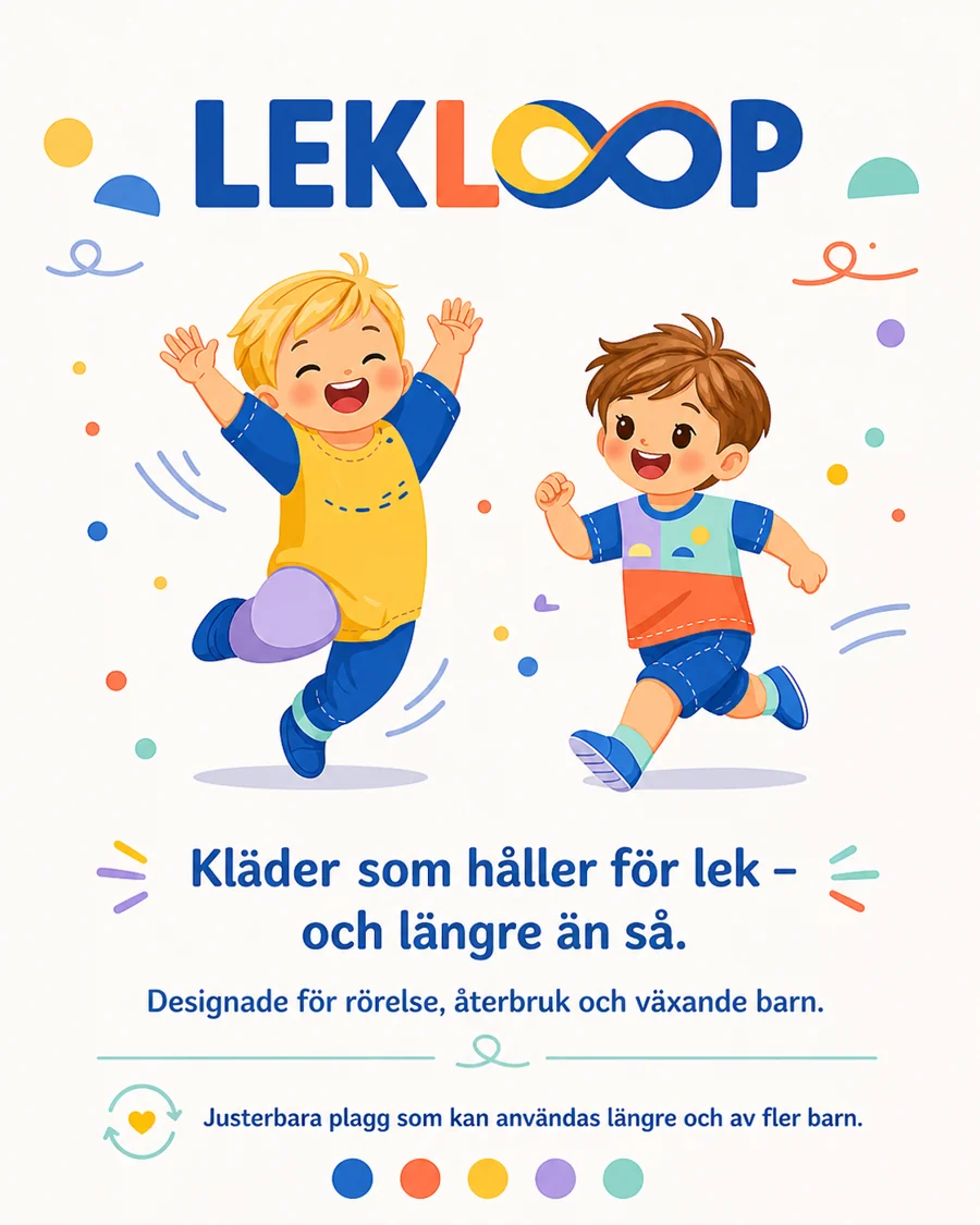 Lekloop: två glada barn i färgglada kläder som hoppar och springer. Kläder som håller för lek – och längre än så.