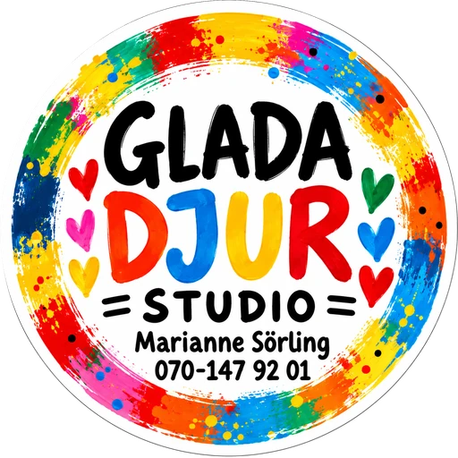 Logotyp för Glada djur Studio: färgglad penselring med hjärtan