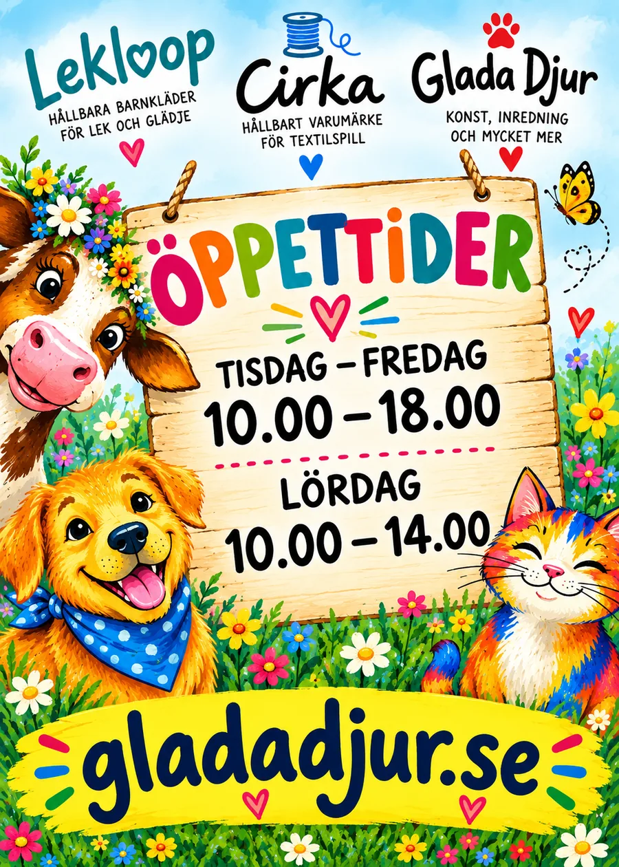Öppettider hos Glada djur: tisdag–fredag 10.00–18.00, lördag 10.00–14.00. gladadjur.se