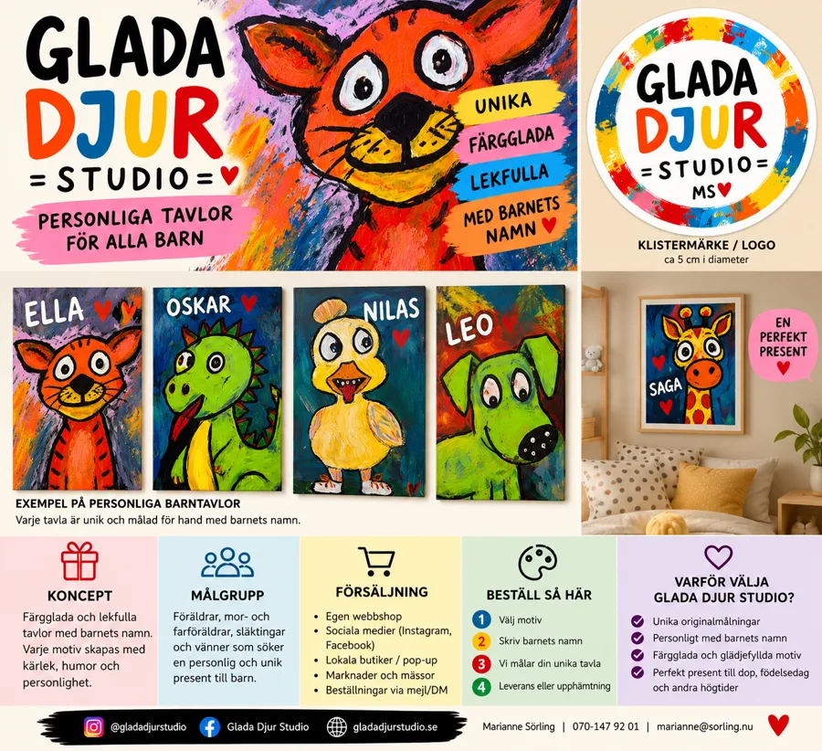 Glada djur Studio: personliga barntavlor med Ella, Oskar, Nilas och Leo som tigrar, drakar, kycklingar och hundar