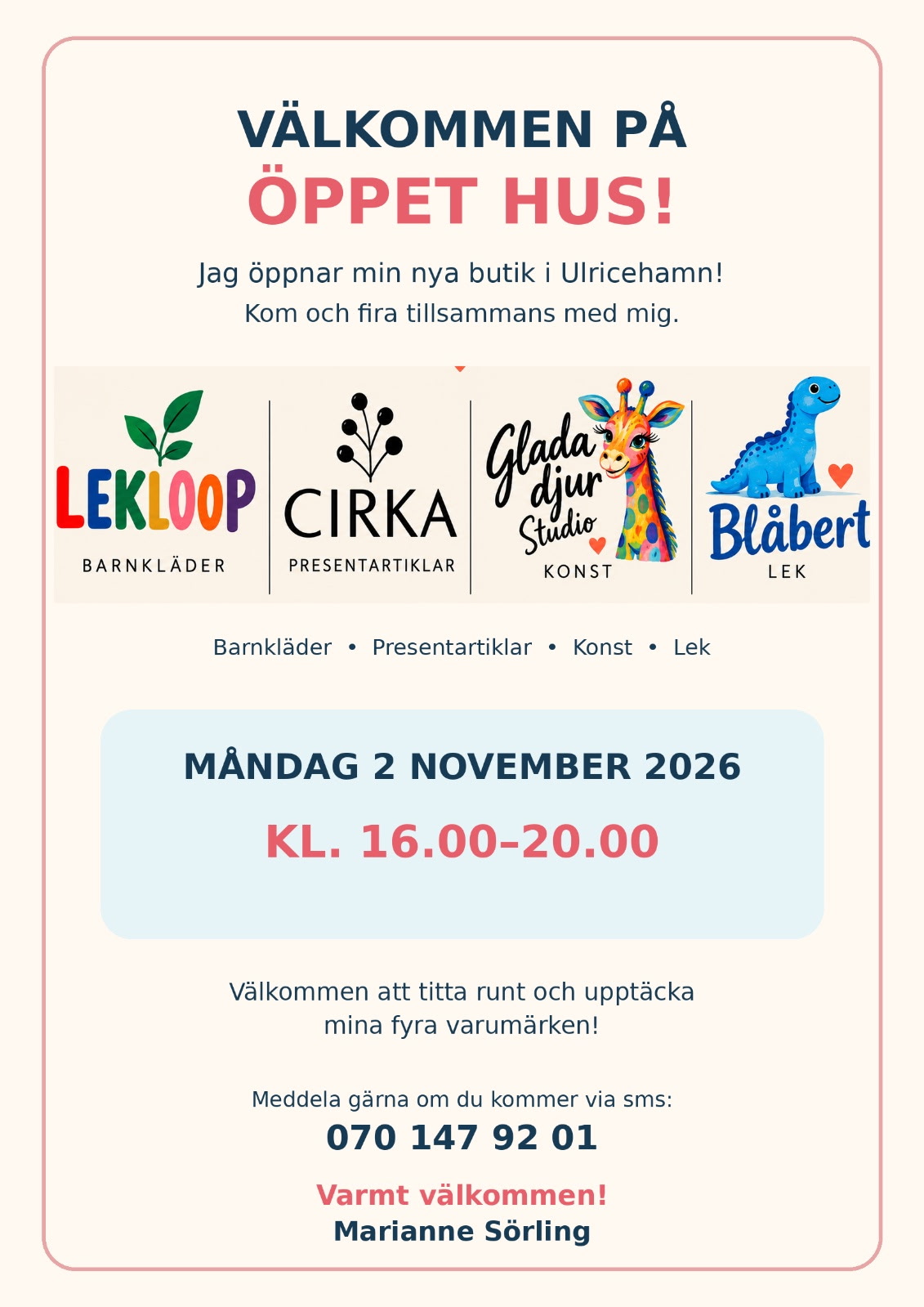 Inbjudan till öppet hus hos Glada djur i Ulricehamn måndag 2 november 2026 kl. 16.00–20.00